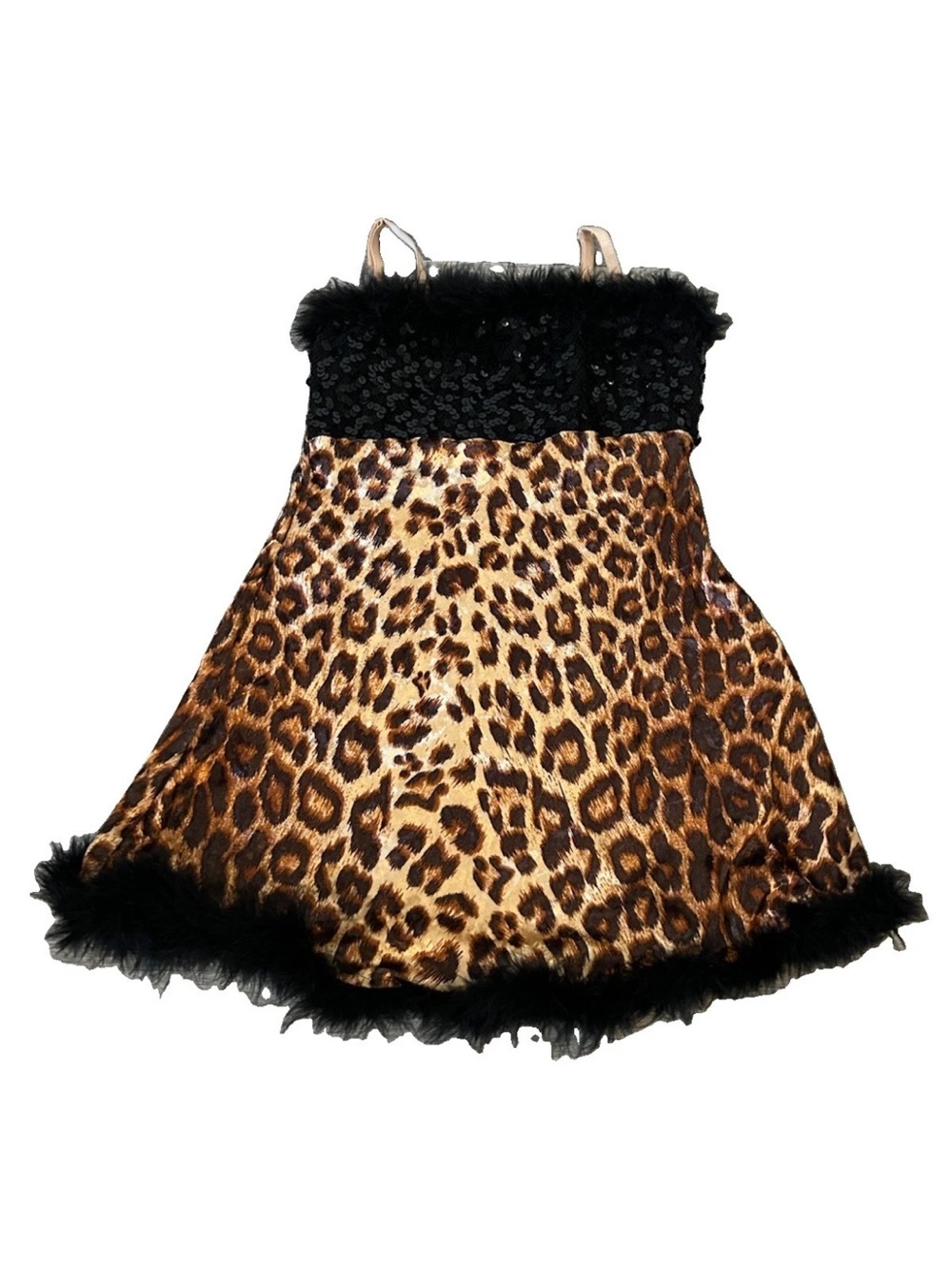 Vintage Y2K Leopard Mini Dress Sequin Marabou Feather Trim USA Made XS Clubwear
